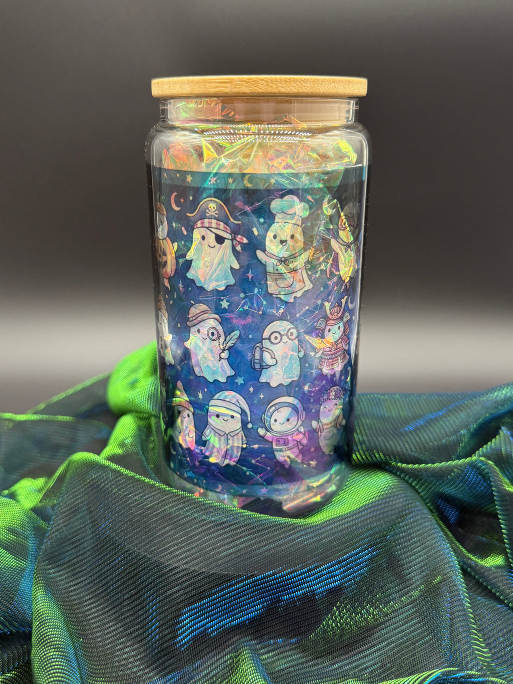 Cute Ghost Glass Tumbler with Bamboo Lid
