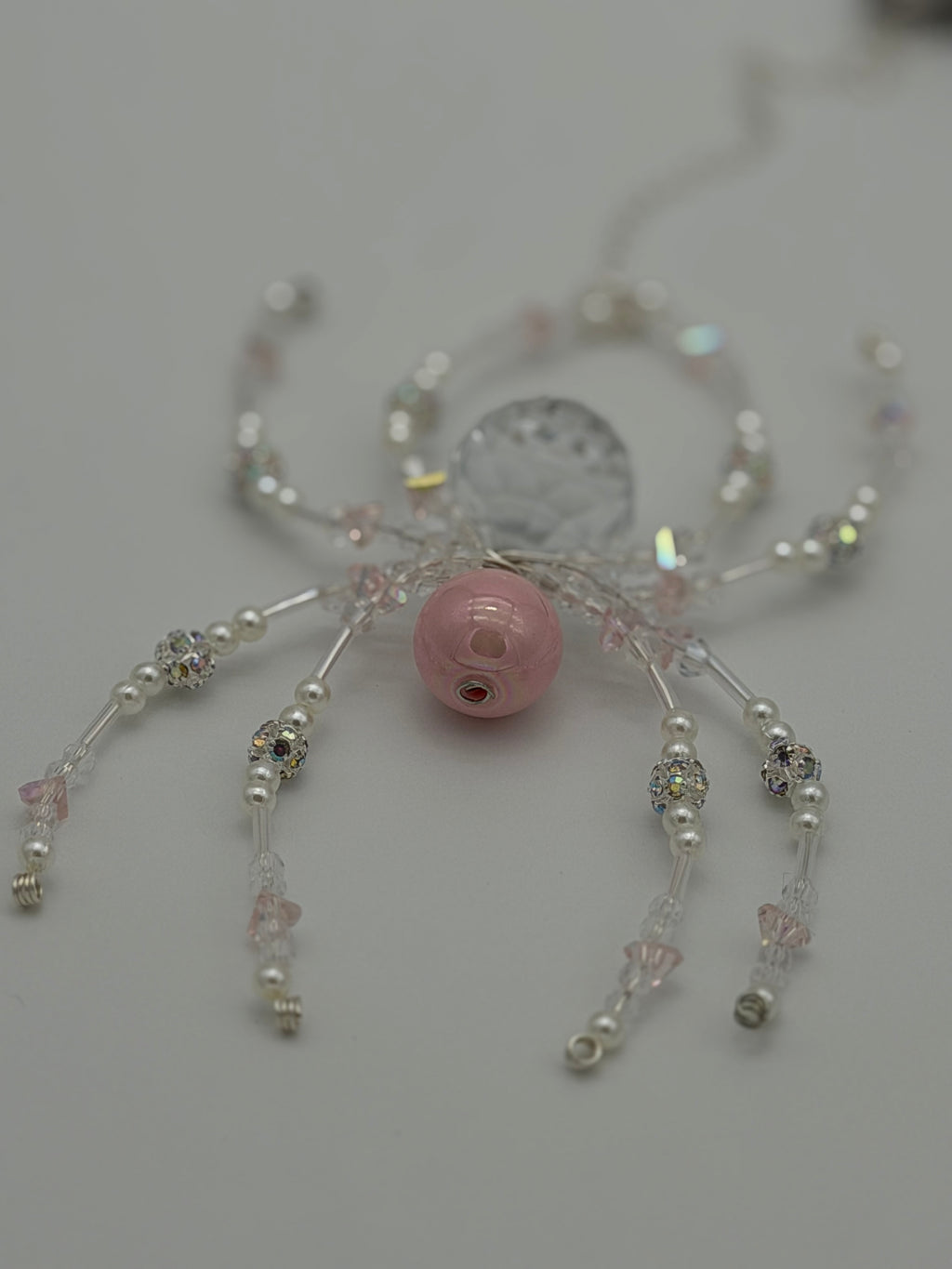 Beaded Crystal Spider Ornament - Pink and Clear Glass Beaded Suncatcher