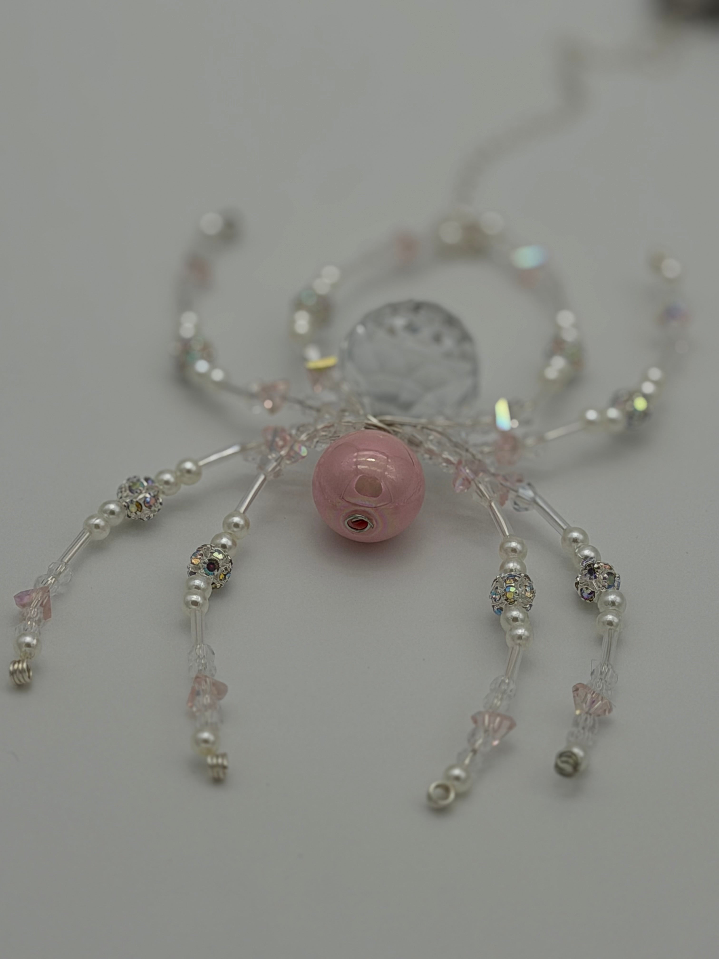 Beaded Crystal Spider Ornament - Pink and Clear Glass Beaded Suncatcher