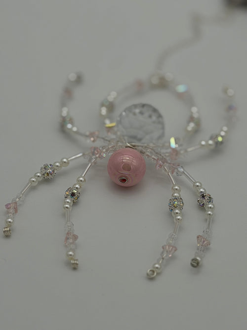 Beaded Crystal Spider Ornament - Pink and Clear Glass Beaded Suncatcher