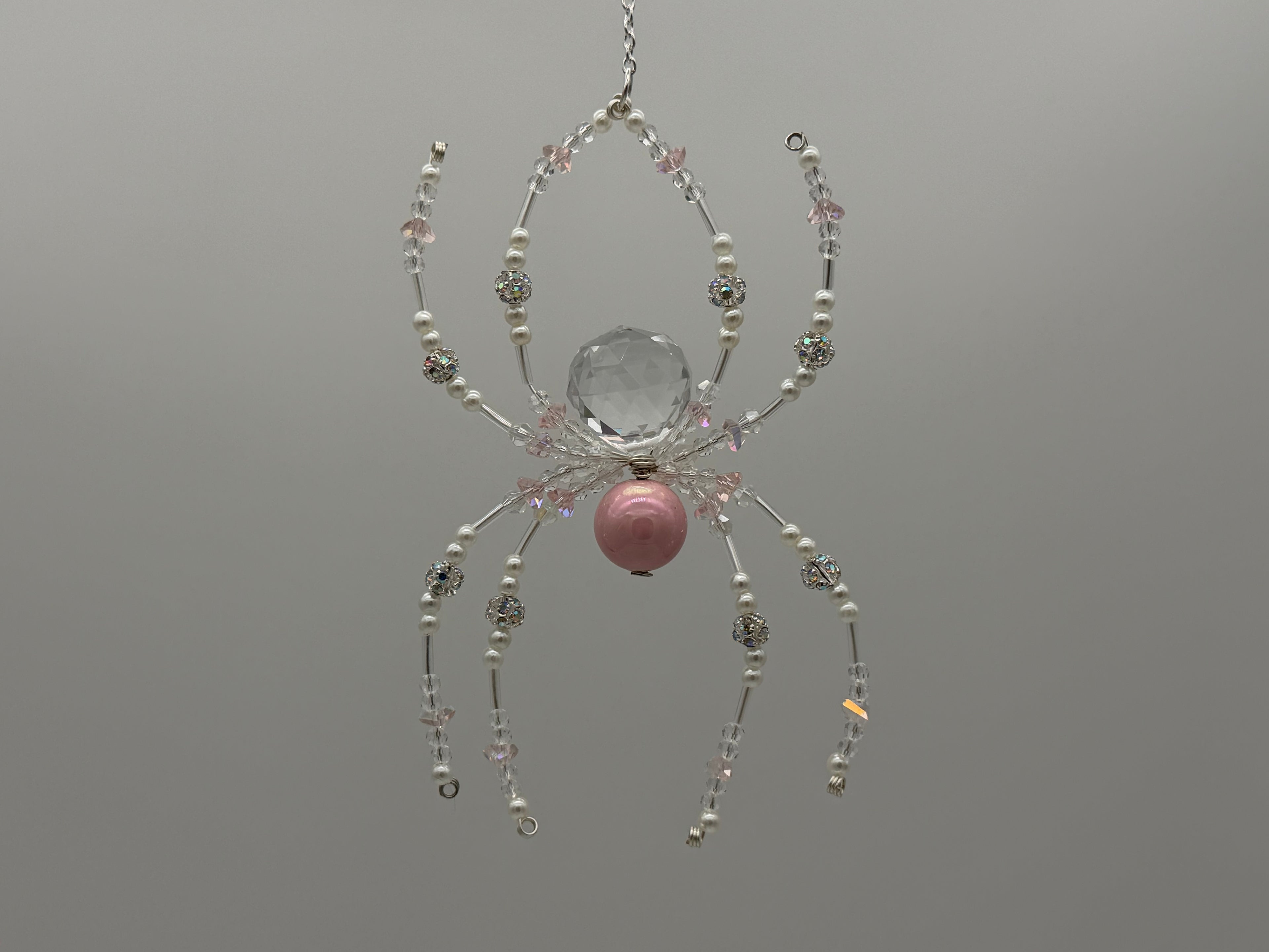 Beaded Crystal Spider Ornament - Pink and Clear Glass Beaded Suncatcher