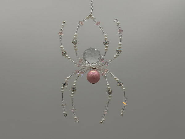 Beaded Crystal Spider Ornament - Pink and Clear Glass Beaded Suncatcher