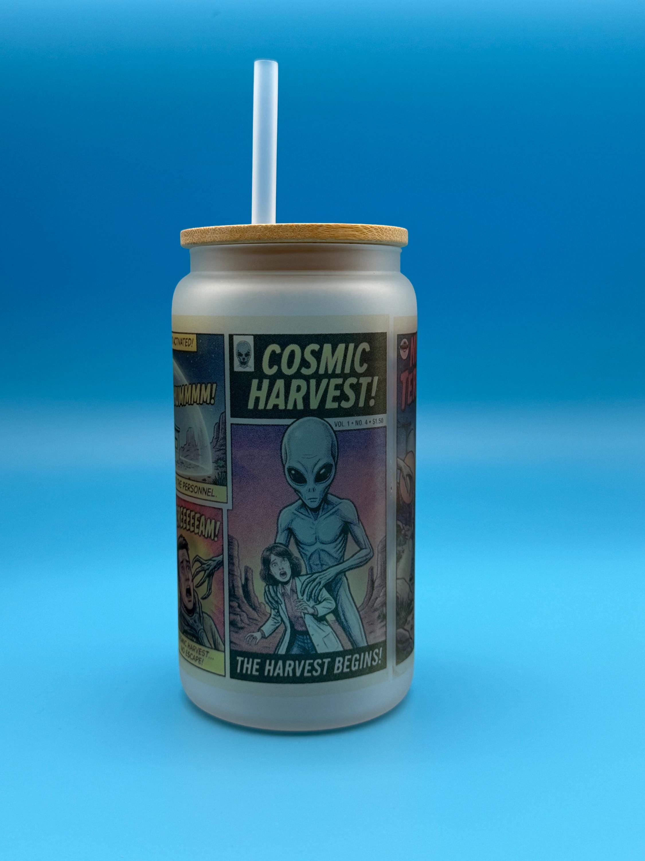 Cosmic Harvest Alien Comic Book Frosted Glass Tumbler