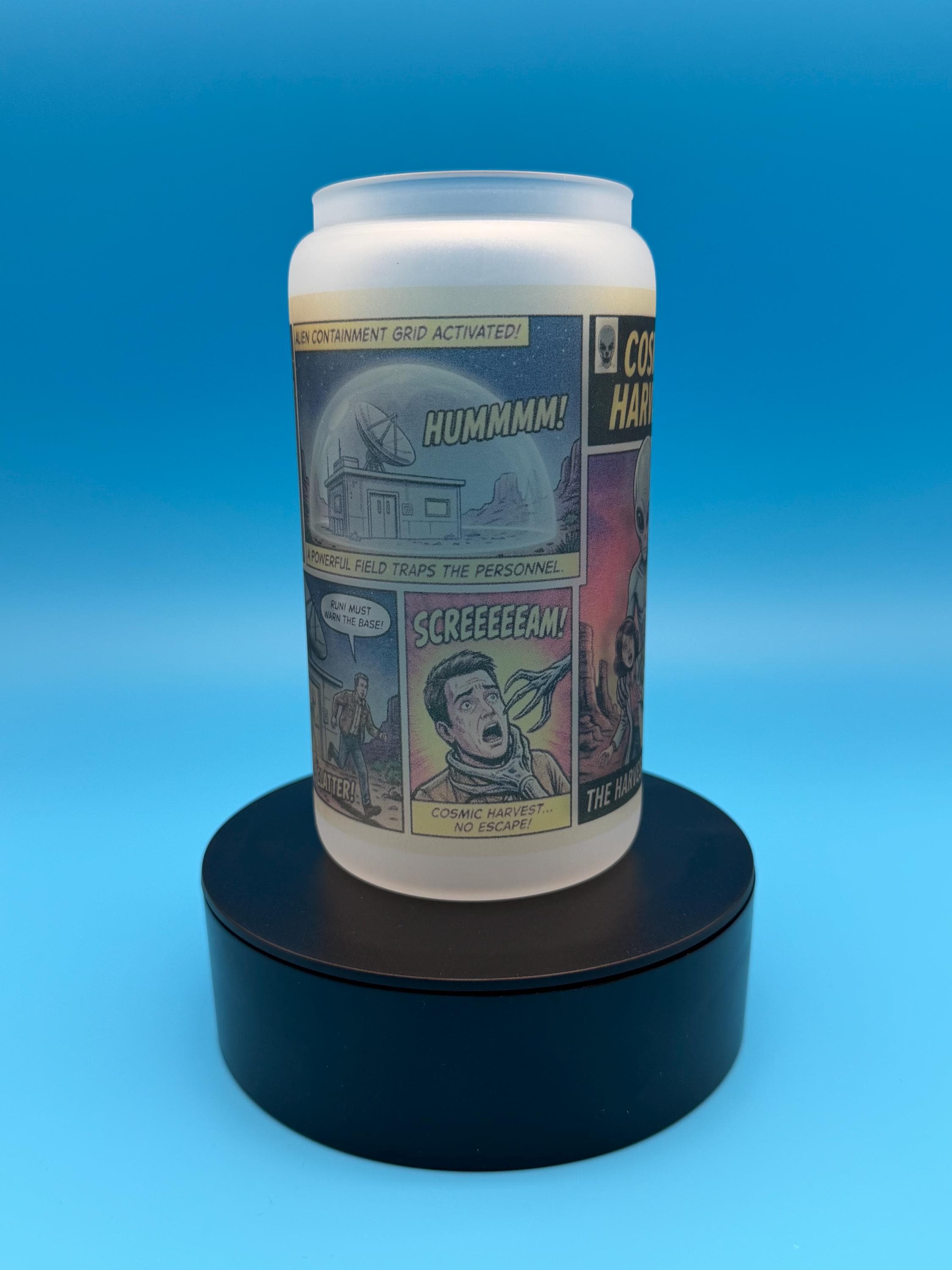 Cosmic Harvest Alien Comic Book Frosted Glass Tumbler