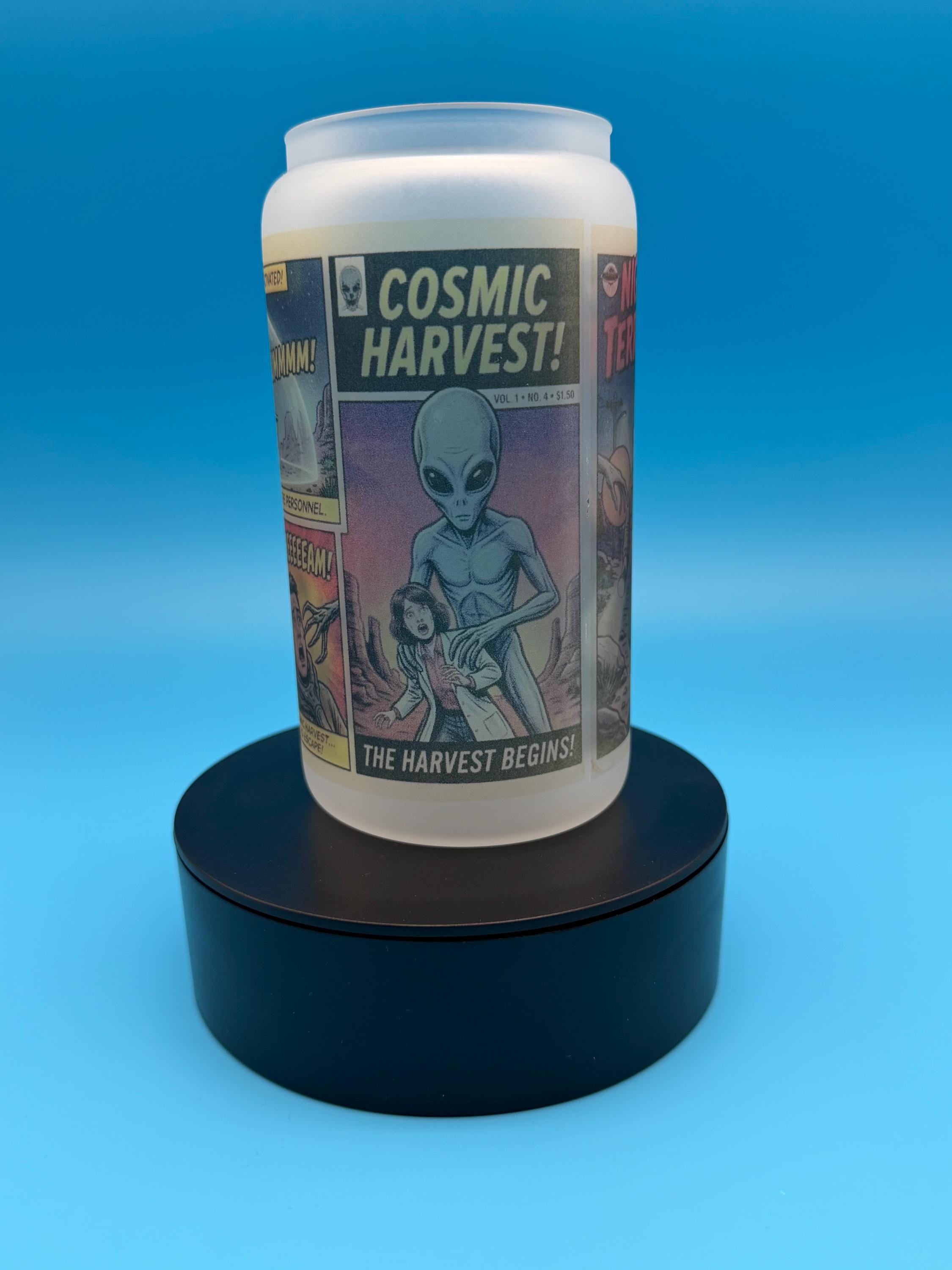 Cosmic Harvest Alien Comic Book Frosted Glass Tumbler