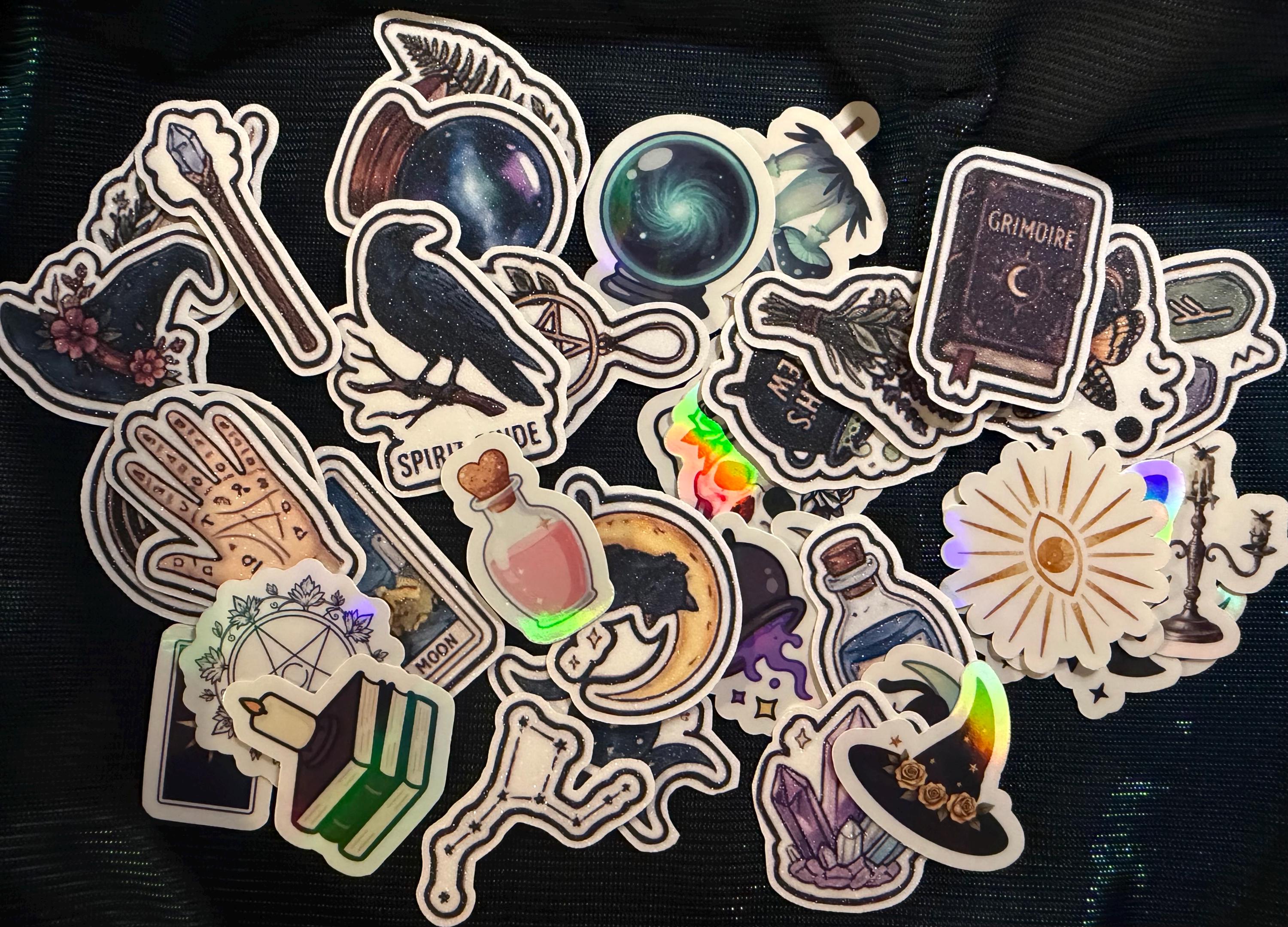15 Pc Witchy Sticker Bundle - Celestial and Goth Aesthetic Decals - Grimoire Crystal Ball Spirit Guide Stickers - Journal Kindle Pack
