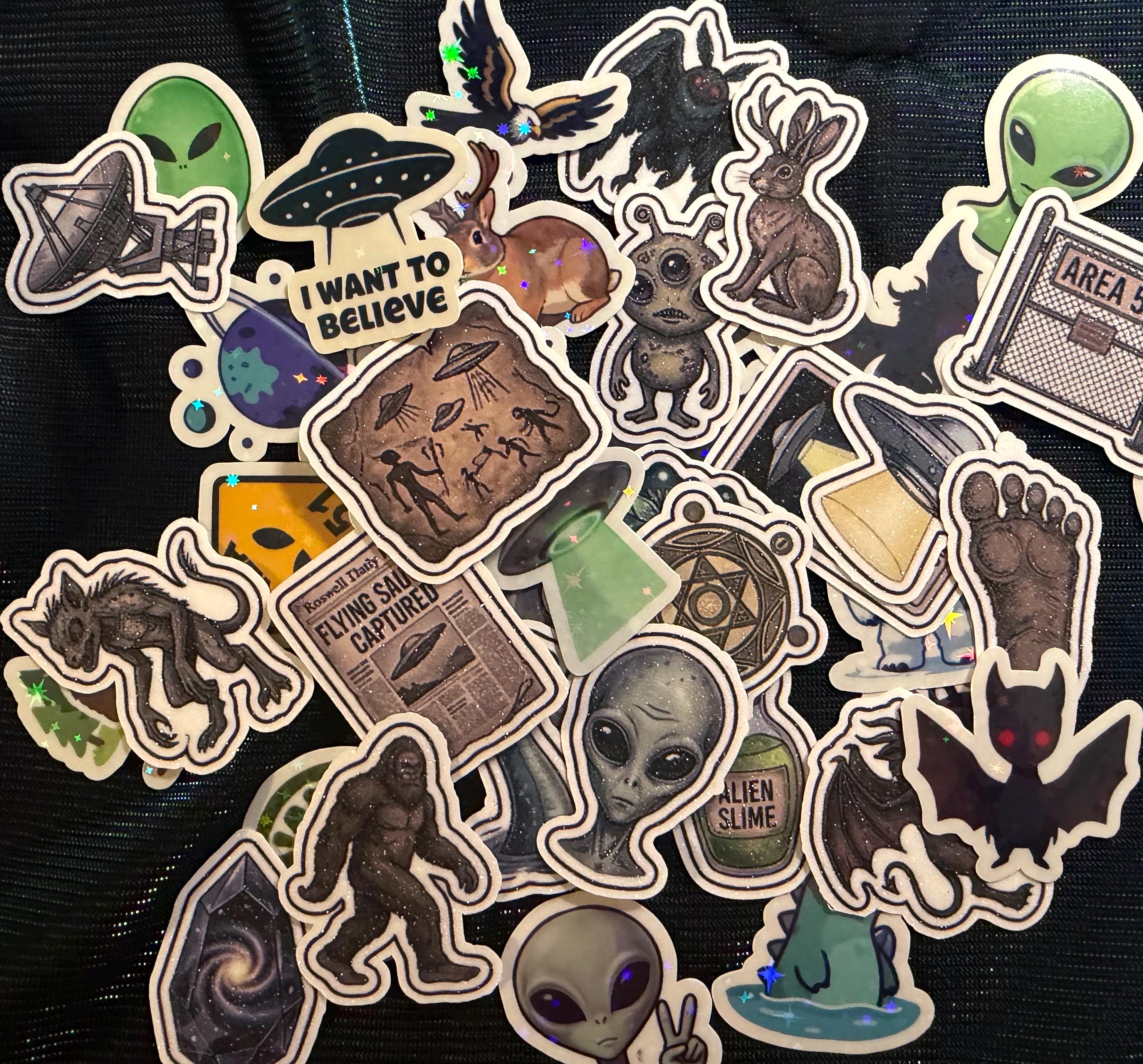 15 Pc Cryptid and Alien Sticker Bundle - Bigfoot UFO Mothman Decals - Area 51 Mystery Sci Fi - Journal Kindle Pack
