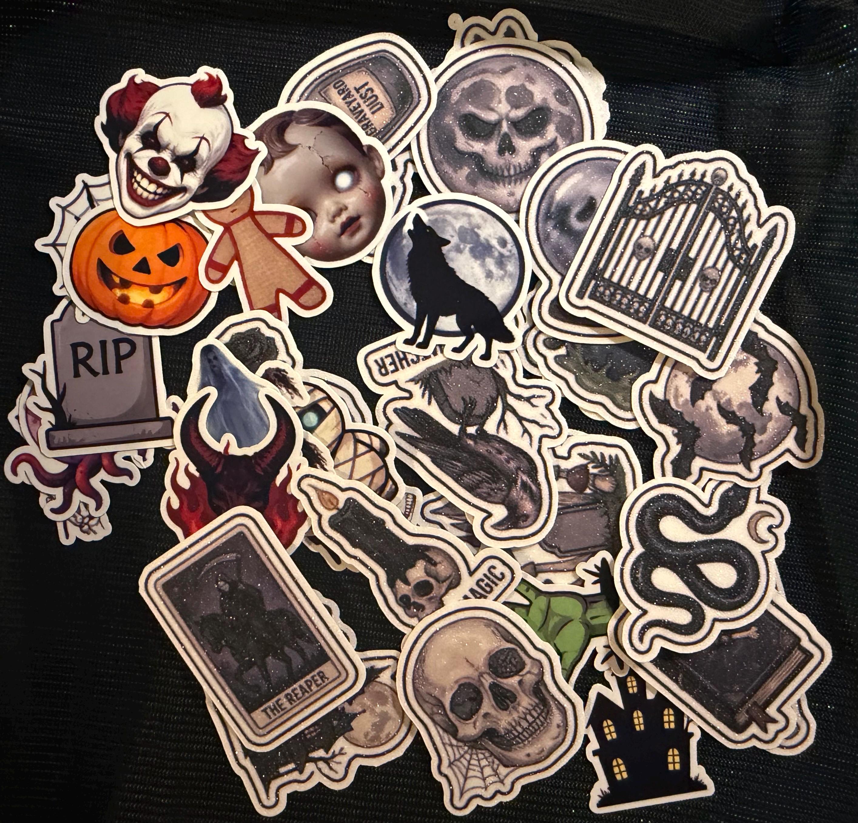 15 Pc Spooky Sticker Bundle - Halloween Horror Decals - Creepy Skull Ghost Pumpkin Haunted House - Journal Kindle Pack