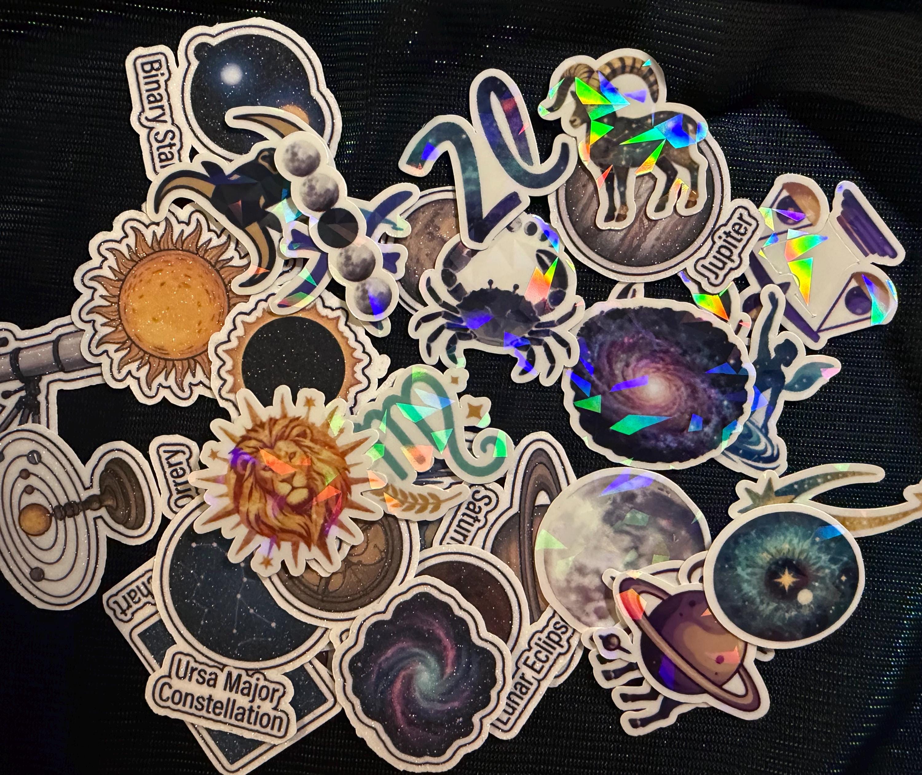 15 Pc Celestial Space Sticker Bundle - Zodiac Astrology Decals - Galaxy Sun Moon Planet Constellation - Journal Kindle Pack