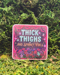 Thick Thighs and Spooky Vibes Vinyl Sticker, Witchy Crystal & Bat Decal, Pastel Goth Floral Laptop Sticker