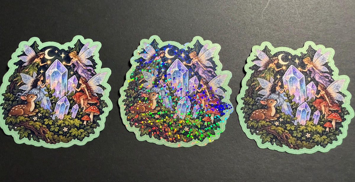 Magical Forest Fairies Sticker | Crystal Cluster & Fawn Fantasy Art Sticker | Cottagecore Fairycore Aesthetic