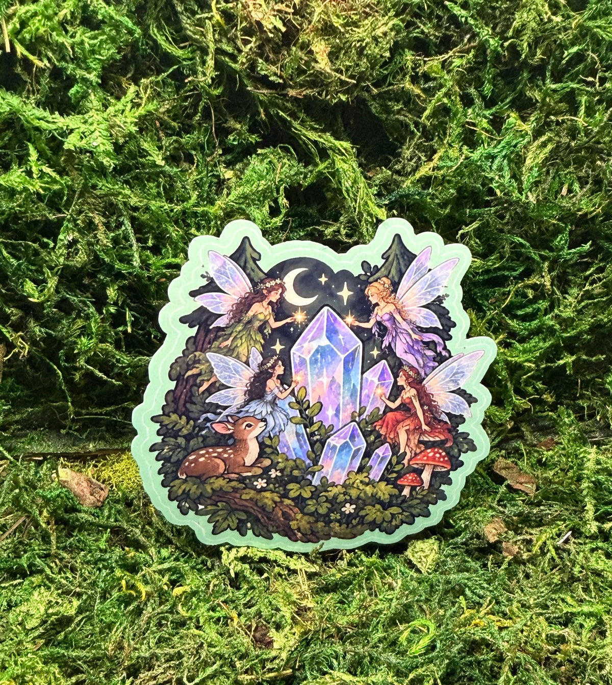 Magical Forest Fairies Sticker | Crystal Cluster & Fawn Fantasy Art Sticker | Cottagecore Fairycore Aesthetic