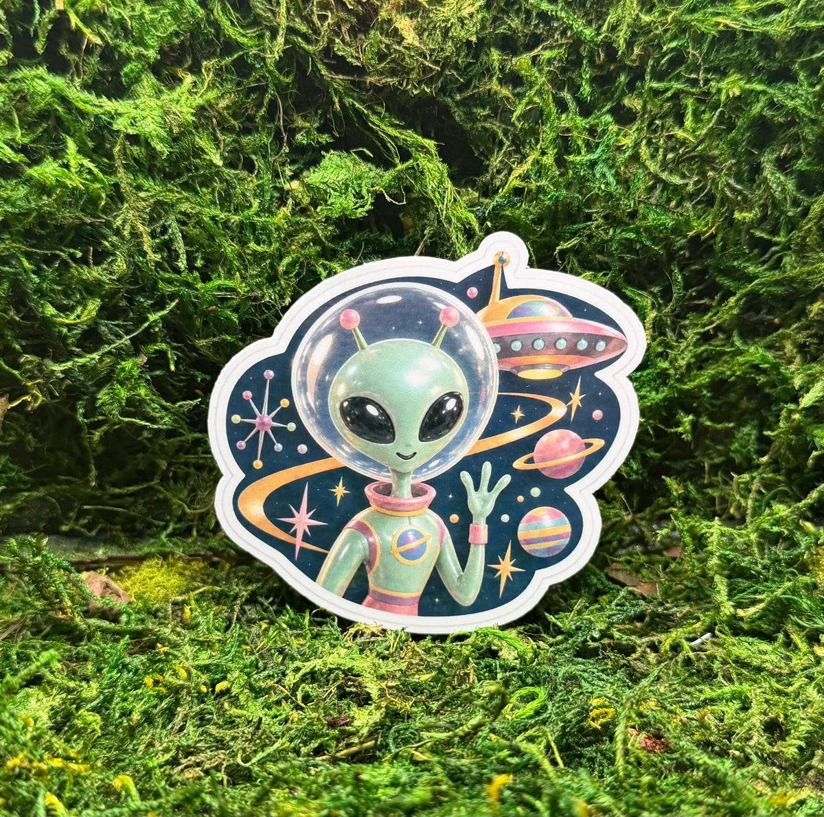 Retro Alien Sticker, Cute Space UFO Vinyl Decal, Vintage Sci-Fi Cosmic Aesthetic Water Bottle Sticker, Planet Galaxy Gift