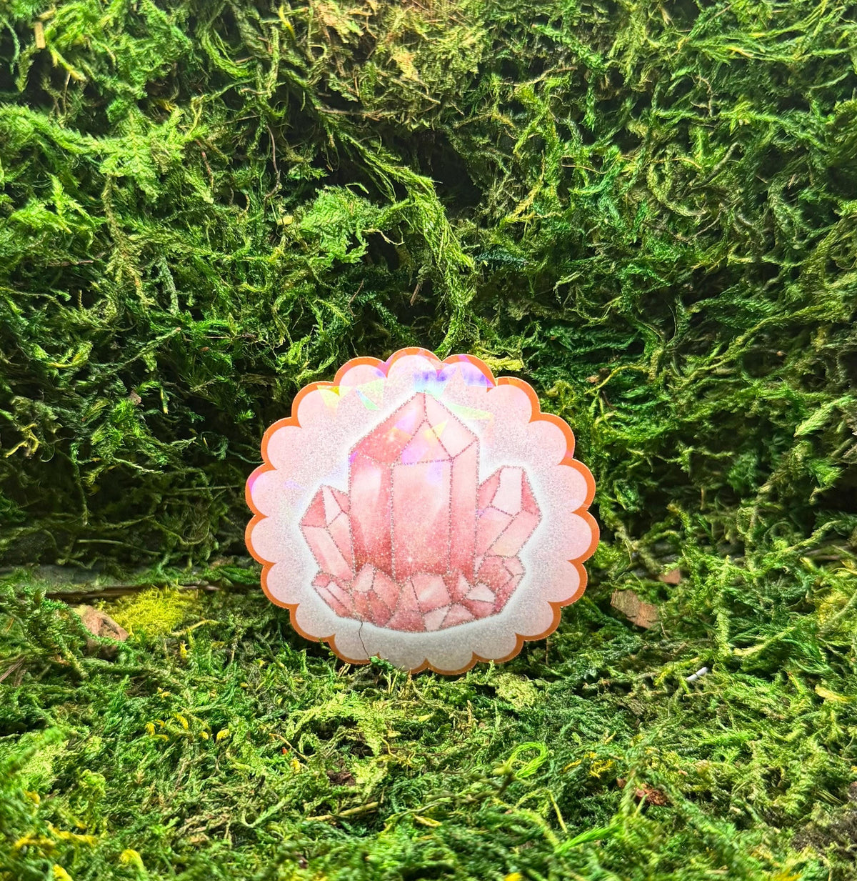 Holographic Pink Crystal Cluster Sticker, Scalloped Cottagecore Vinyl Sticker, Sparkly Rose Quartz Decal for Water Bottle, Laptop & Journal