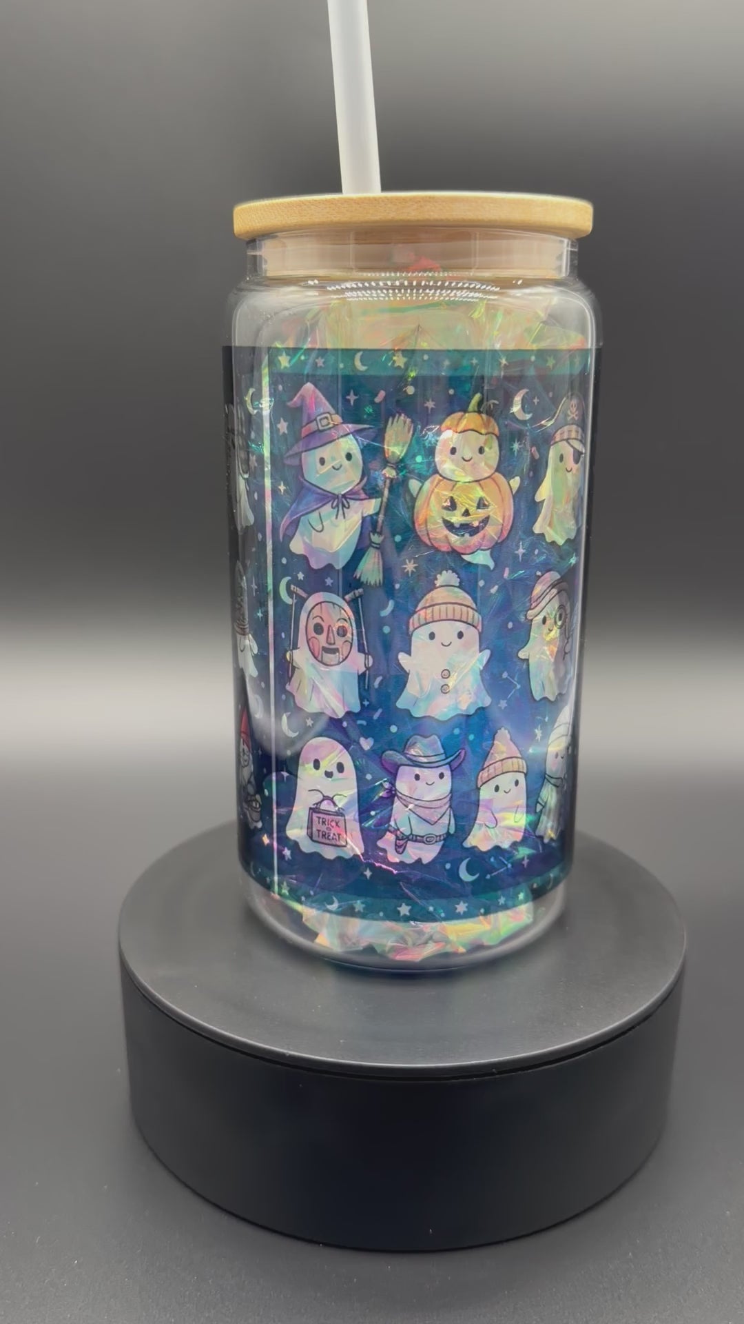 Cute Ghost Glass Tumbler with Bamboo Lid
