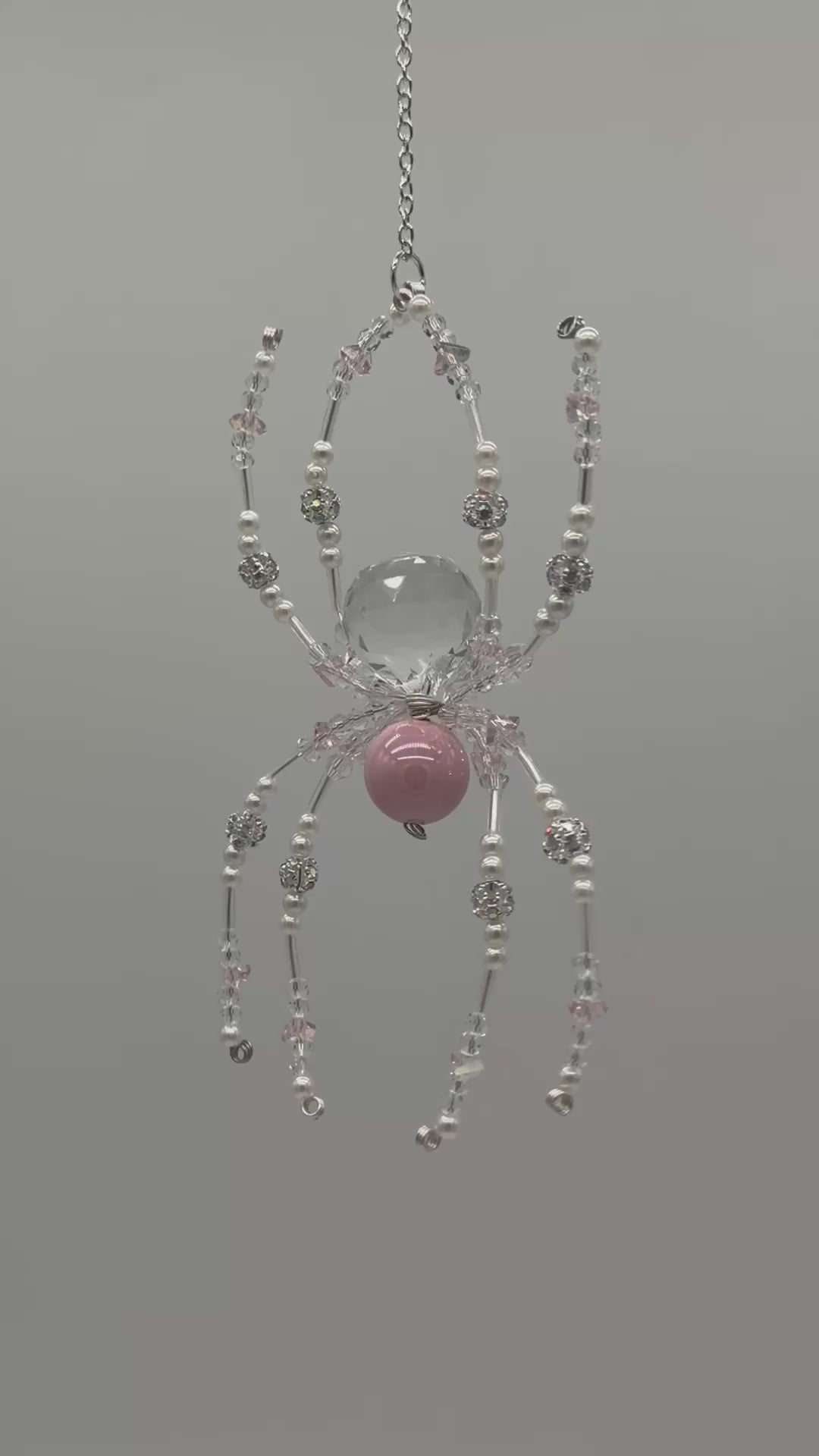 Beaded Crystal Spider Ornament - Pink and Clear Glass Beaded Suncatcher