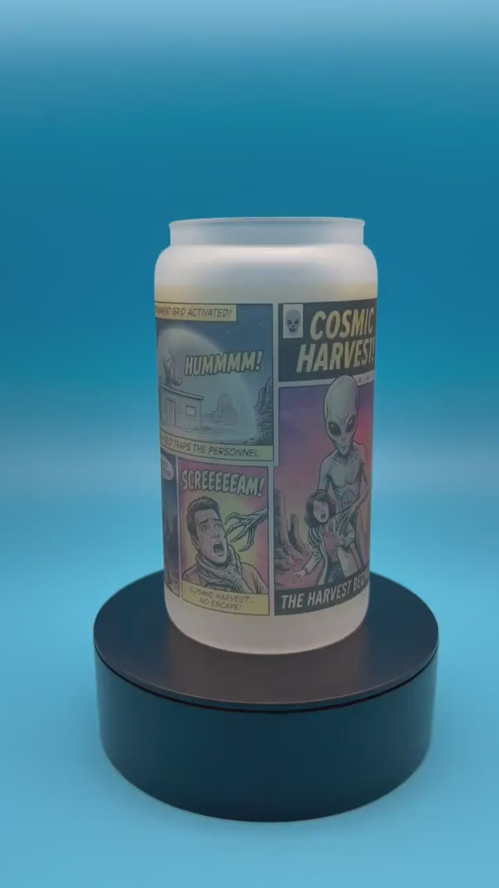 Cosmic Harvest Alien Comic Book Frosted Glass Tumbler