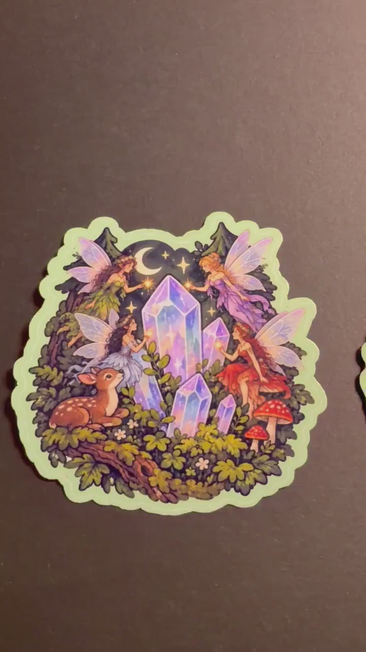 Magical Forest Fairies Sticker | Crystal Cluster & Fawn Fantasy Art Sticker | Cottagecore Fairycore Aesthetic